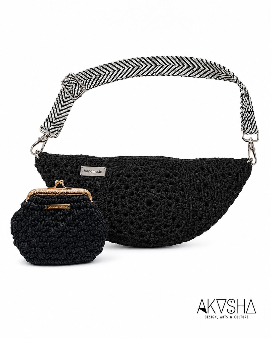 Χειροποίητο Πλεκτό Σετ Moon Bag & Πορτοφολάκι | Black | AKASHA Designs
